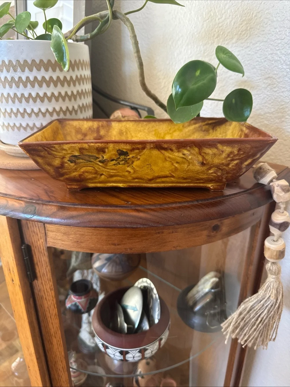 Vintage 103 USA Pottery Planter Mustard Yellow Footed MCM Raised Foliage 9.5”
